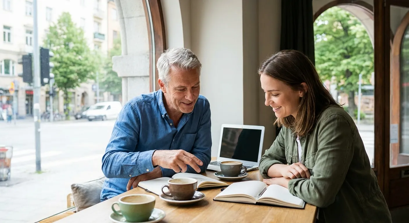 Person having a genuine conversation with mentor in a bright cafe setting