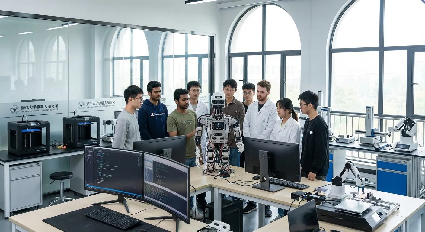 Chinese university students working with humanoid robot in advanced laboratory