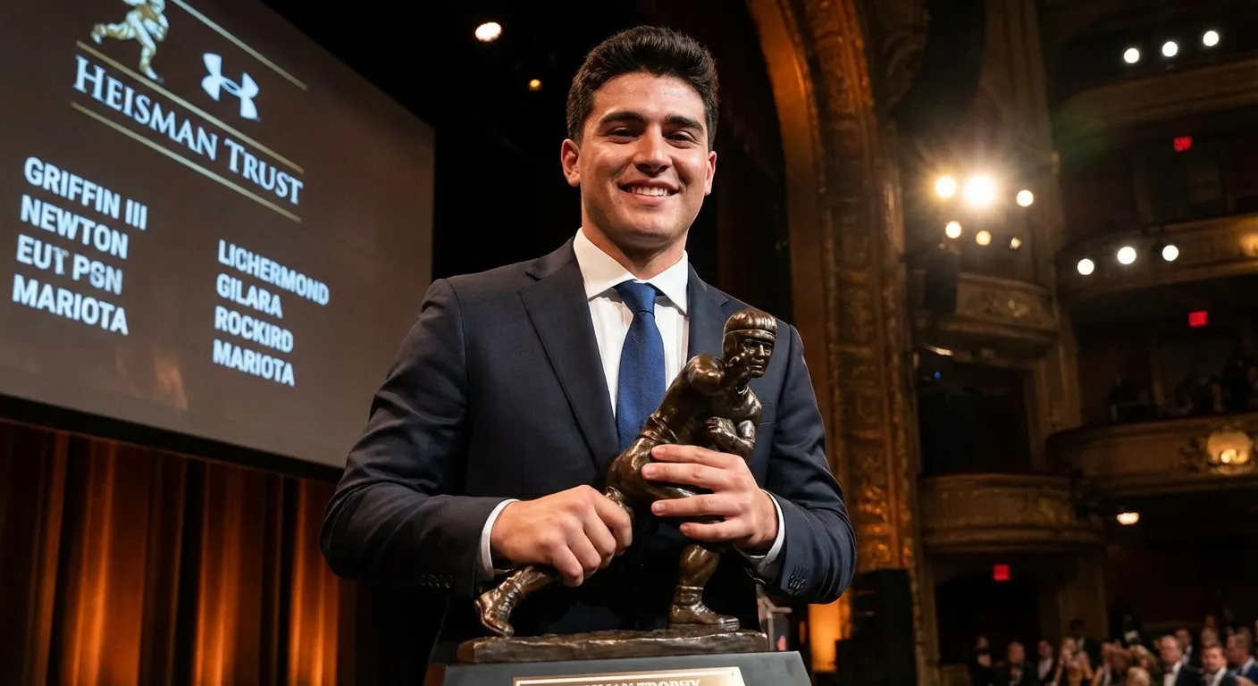 Fernando Mendoza holding the Heisman Trophy at the ceremony