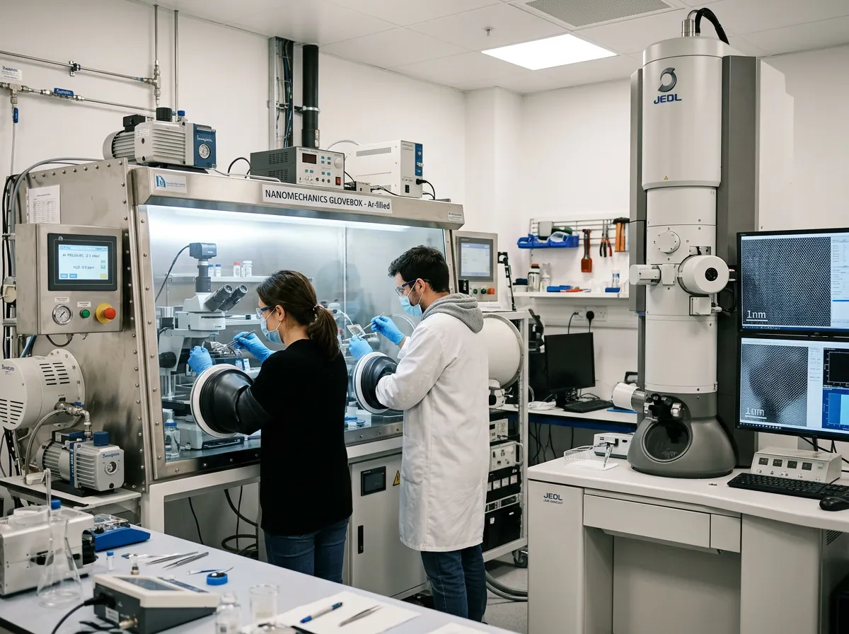 Researchers working with air-free transfer equipment in a nanomechanics laboratory