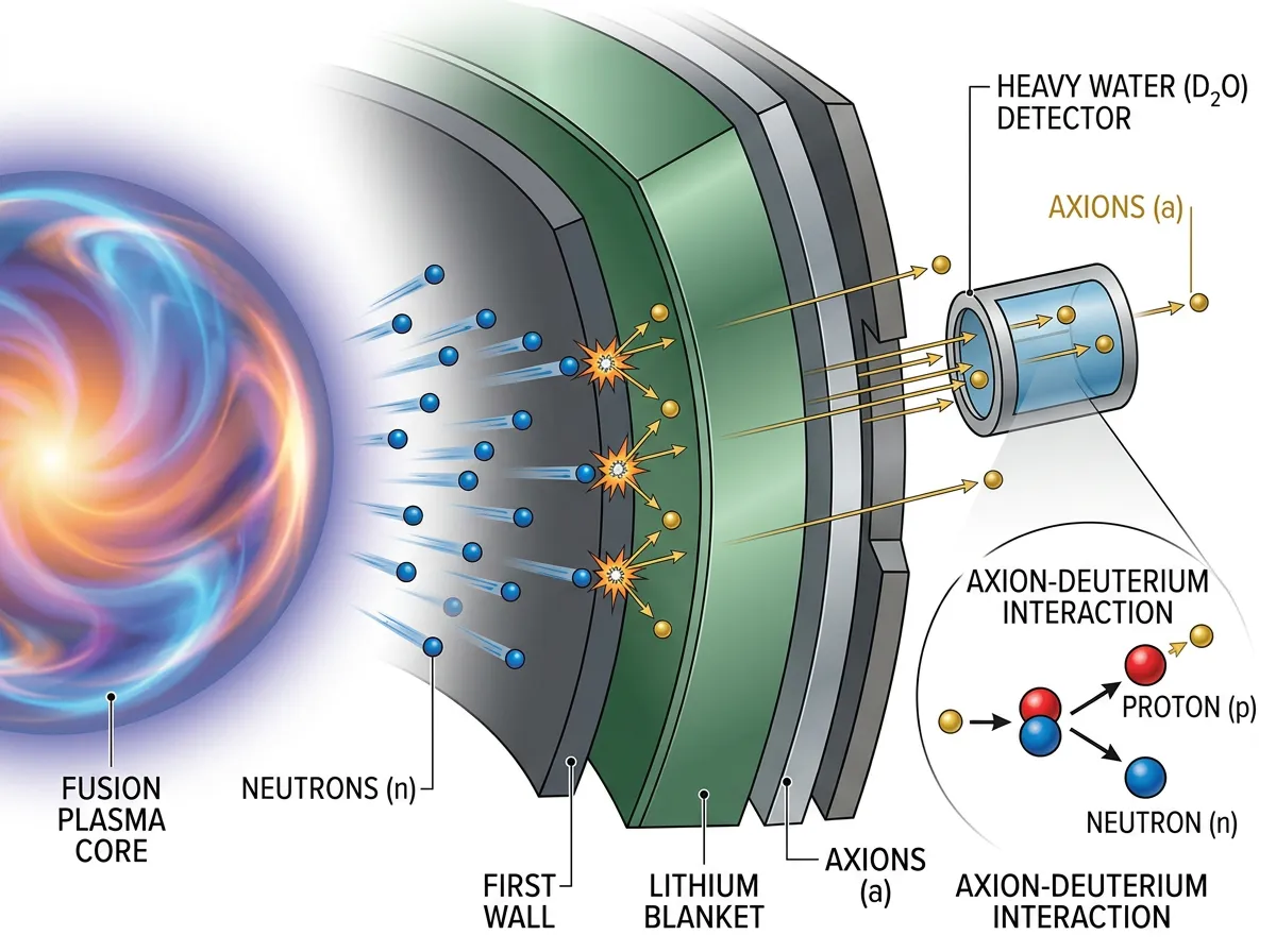 Diagram of neutrons hitting lithium wall and producing axion-like particles in a fusion reactor