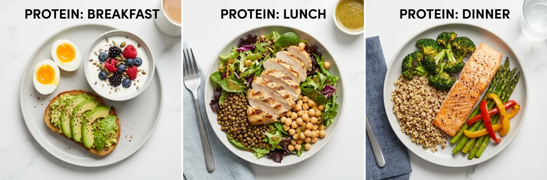 High-protein meals distributed throughout the day showing breakfast, lunch, and dinner portions