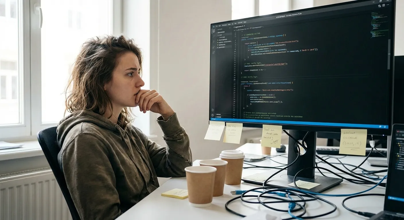 Junior developer looking concerned at computer screen showing AI code generation