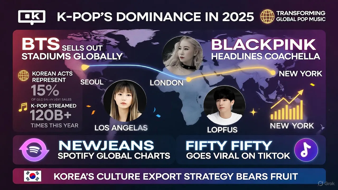 K-pop concert with massive stadium crowd and elaborate stage production