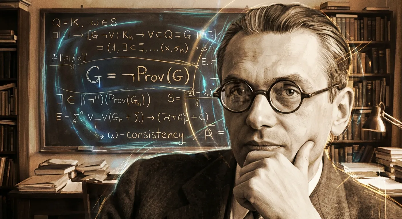 Portrait of Kurt Gödel with mathematical equations in background