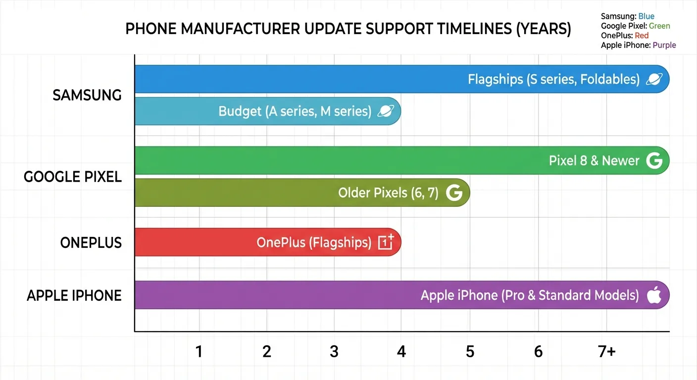 Comparison chart showing Android manufacturer update support timelines