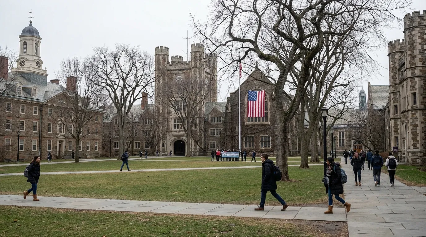 University campus quadrangle with students walking past historic buildings