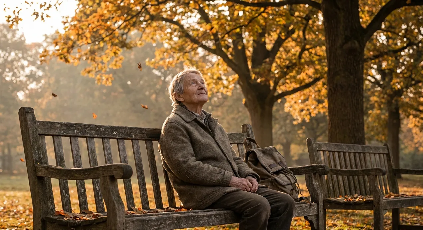 Person sitting quietly on a park bench surrounded by trees, watching leaves fall
