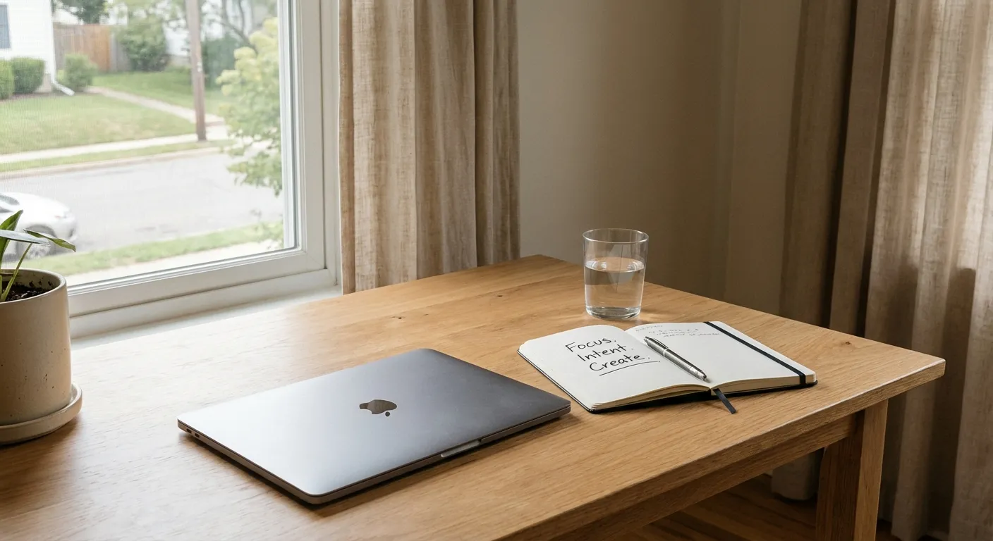 Clean desk with single notebook and pen beside a closed laptop conveying focused simplicity