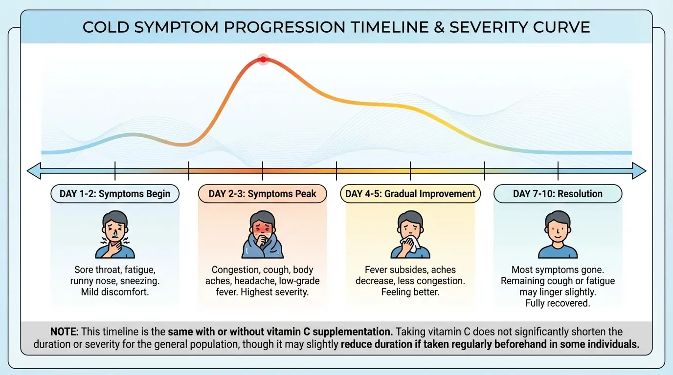 Timeline showing typical cold progression regardless of vitamin C