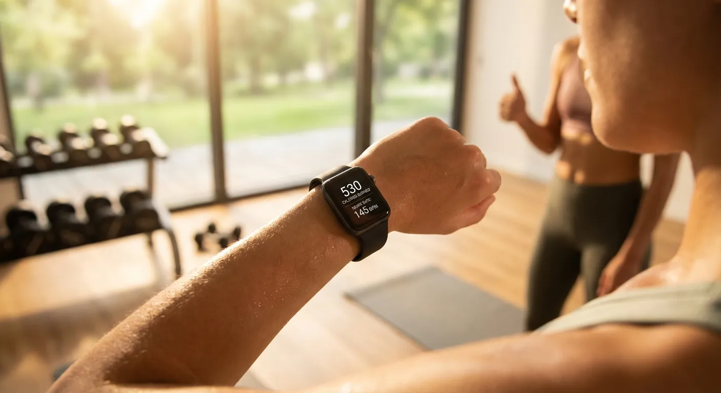 Person checking fitness wearable after workout showing energy expenditure data