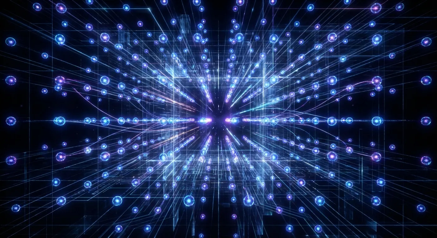 Abstract visualization of quantum bits in superposition states glowing blue and purple