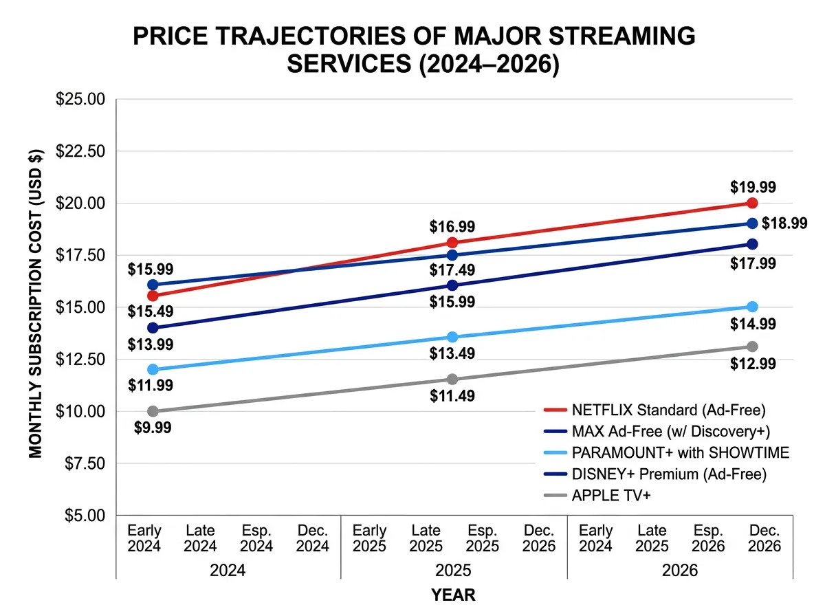 A comparison chart showing streaming service prices over the past three years