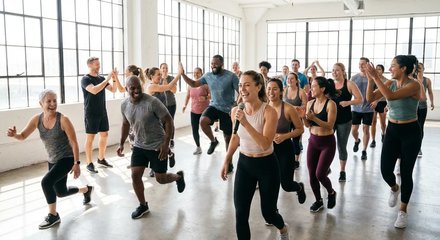 Group fitness class with diverse participants exercising together in bright studio setting
