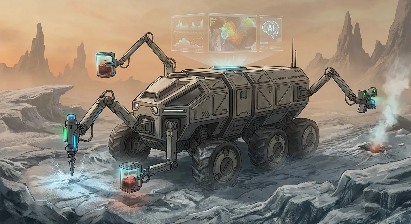Concept art of future autonomous rover conducting science operations independently on alien surface