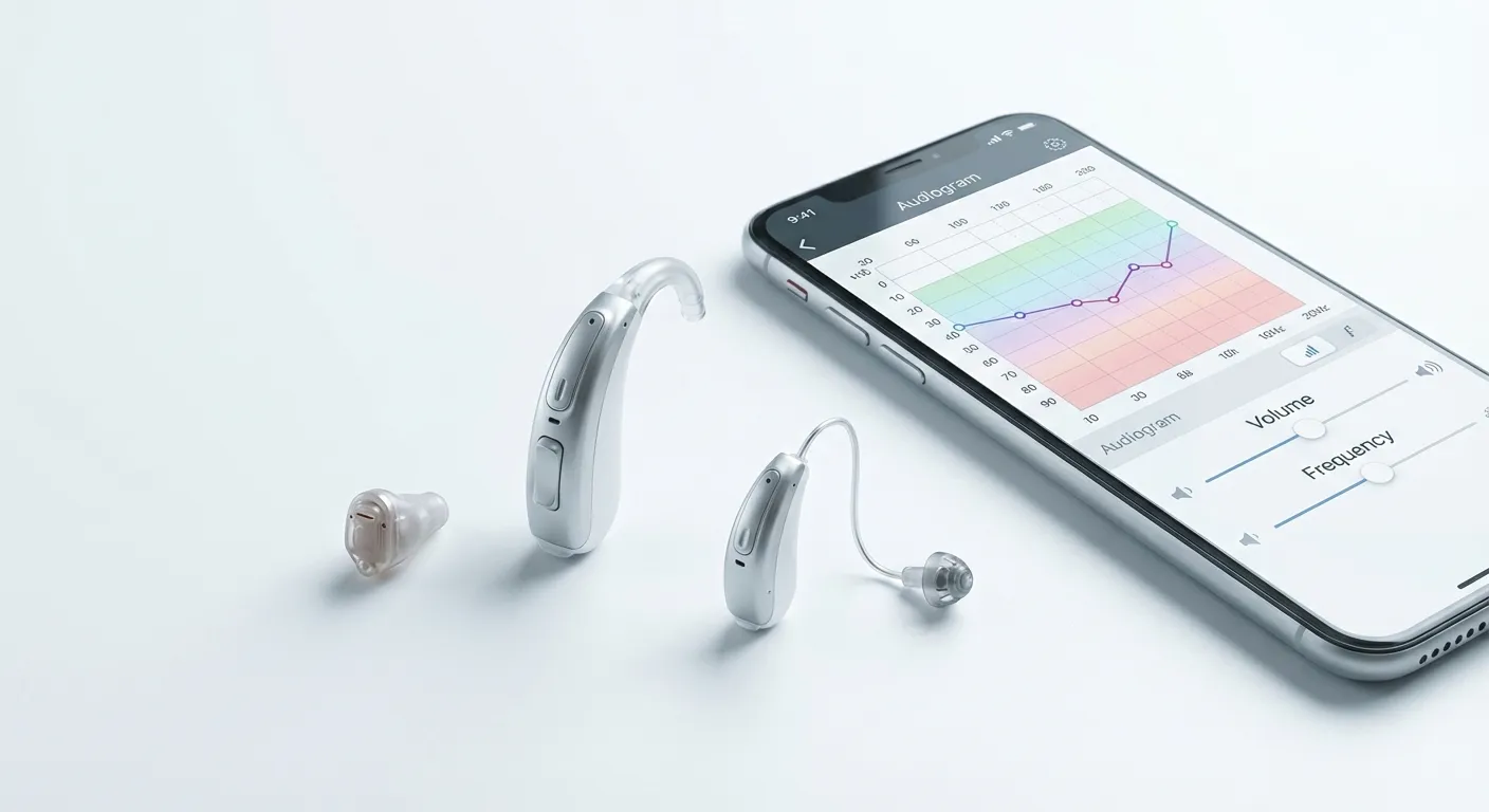 Modern hearing aid devices displayed alongside smartphone app showing hearing profile settings