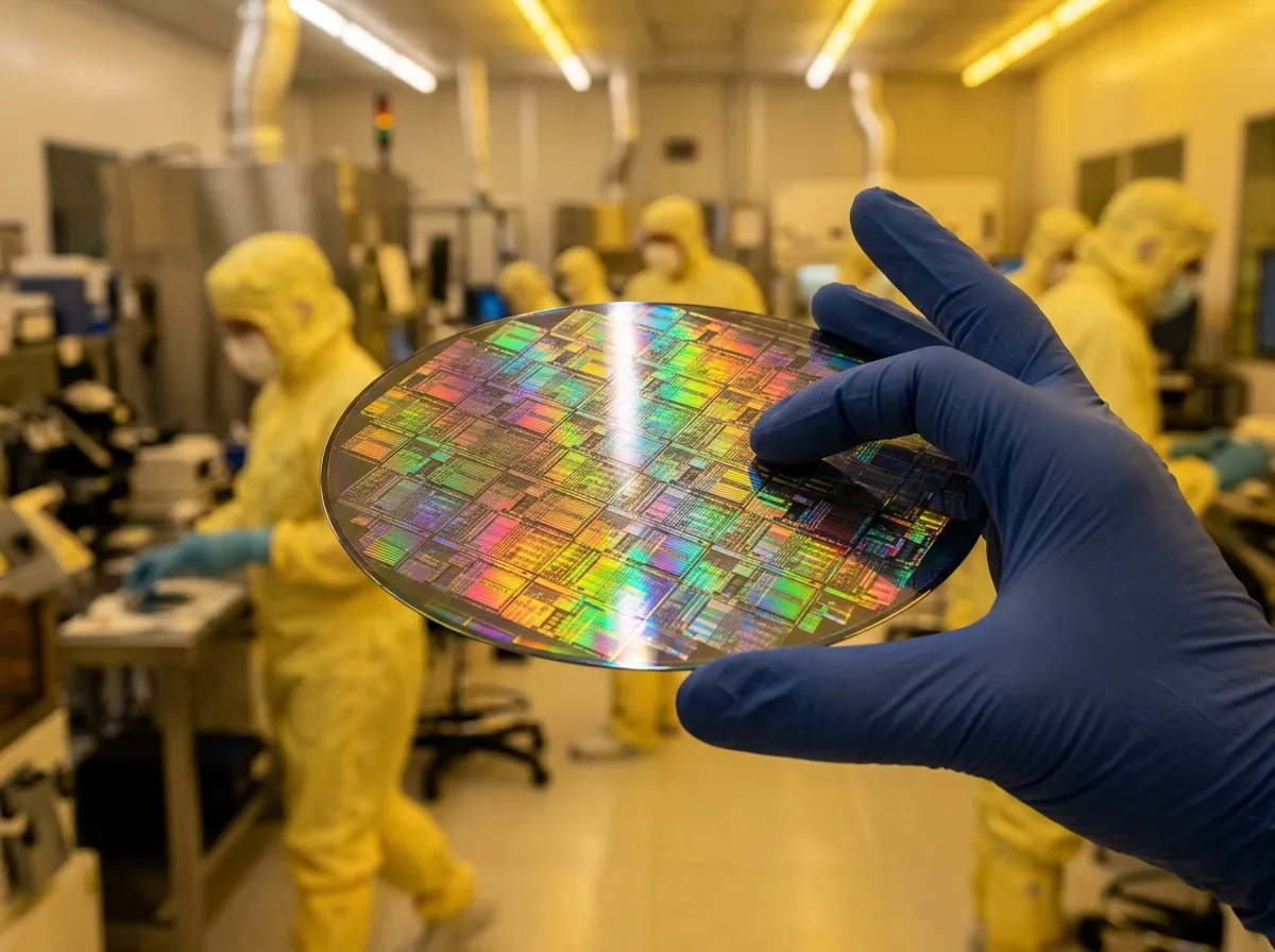 Close-up of a semiconductor wafer reflecting colorful light in a cleanroom