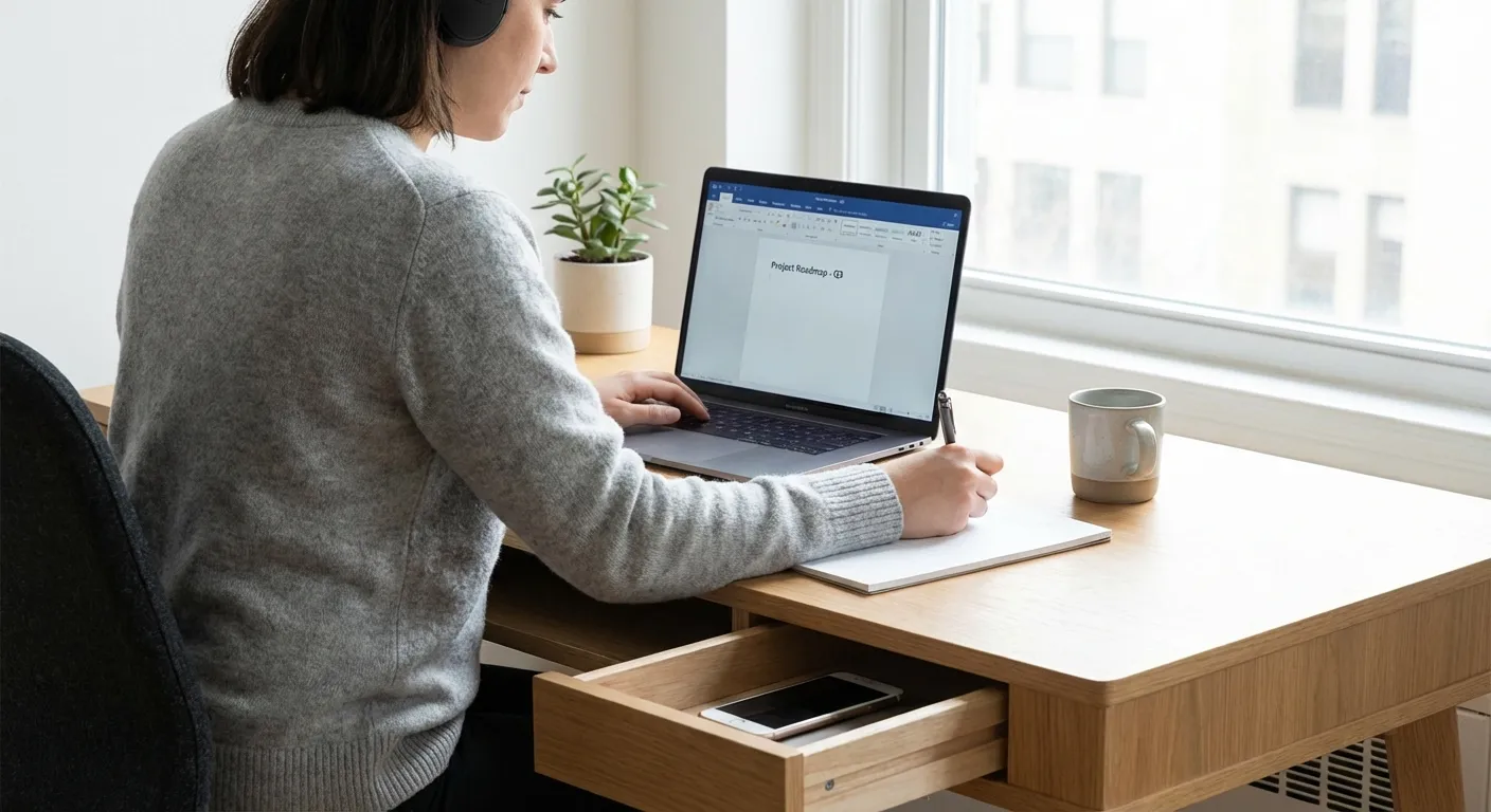 Person in focused work state with phone placed aside demonstrating single-tasking approach