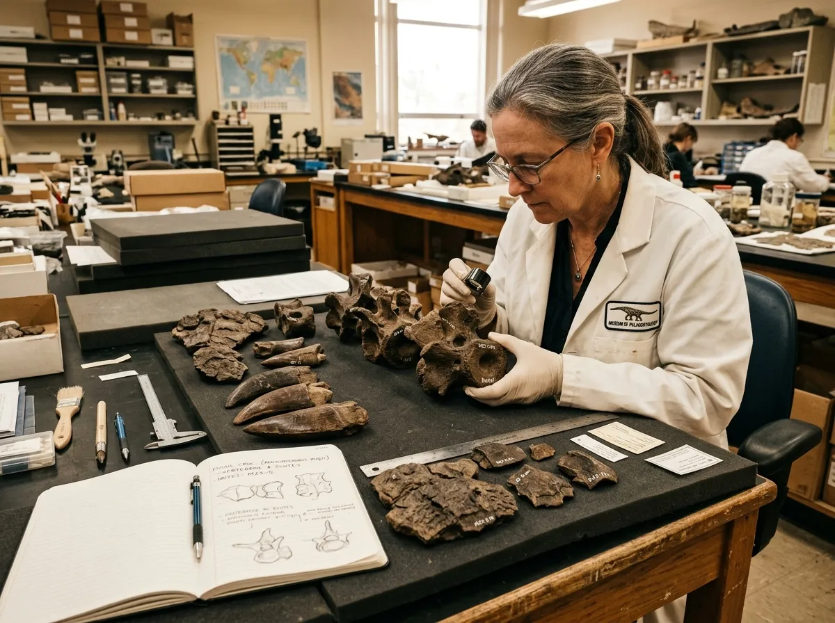 A paleontologist examining fossil crocodile teeth and vertebrae laid out on a lab bench