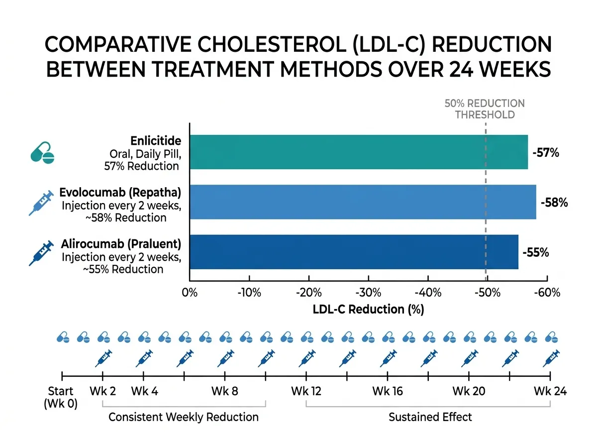 Infographic comparing LDL cholesterol reductions between enlicitide pill and injectable PCSK9 therapies