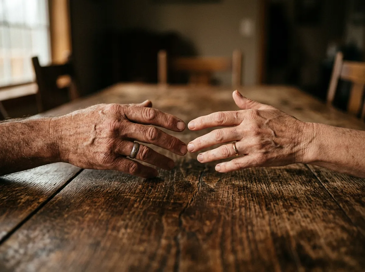 Close-up of two hands tentatively reaching toward each other across a table