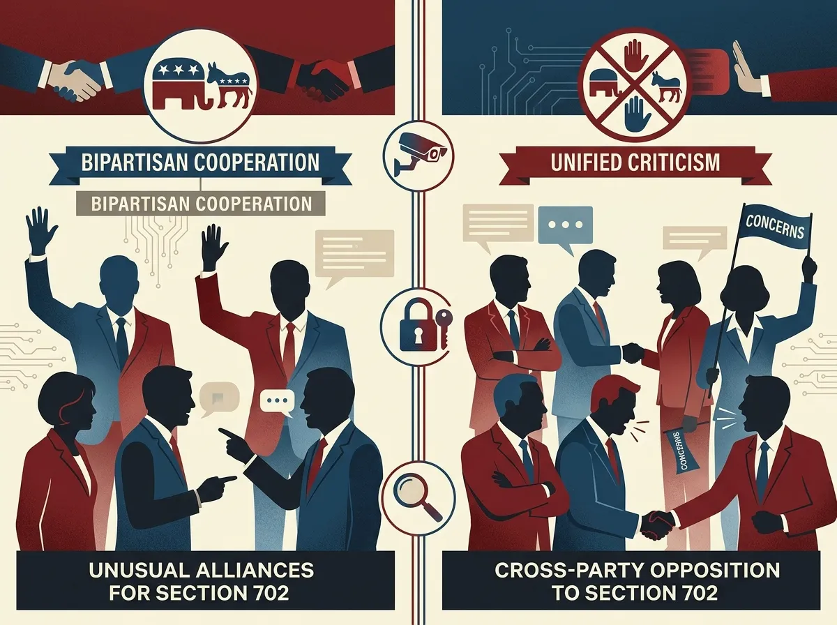Split image showing bipartisan lawmakers who support and oppose Section 702 reform