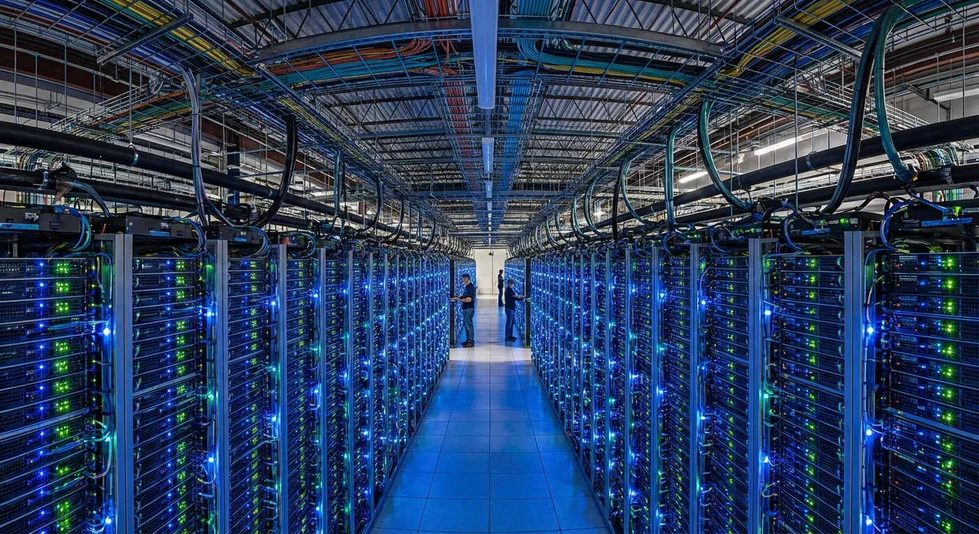 Stacks of server racks in a data center representing massive AI infrastructure investment