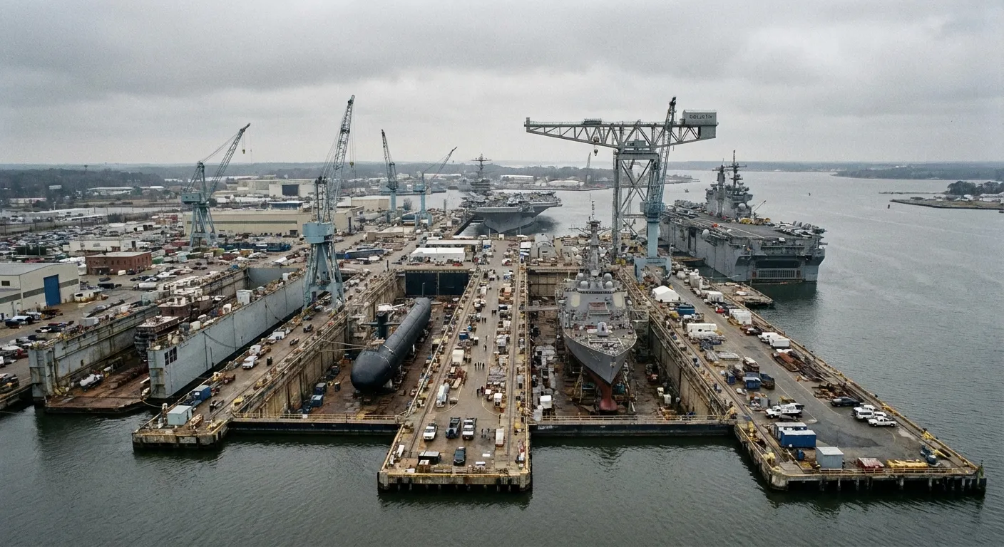 Aerial view of Huntington Ingalls Newport News shipyard with ships under construction
