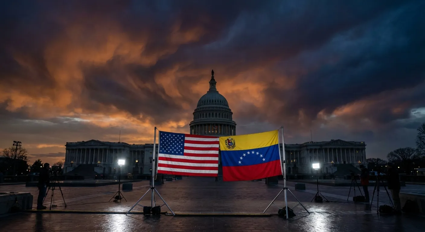 U.S. Capitol building with Venezuelan and American flags visible, suggesting diplomatic tension
