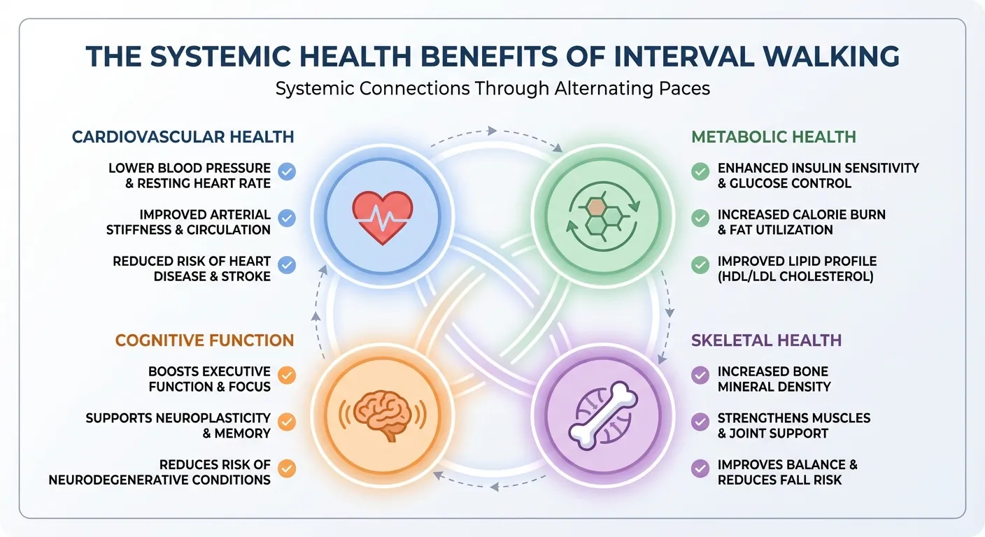 Comparison showing health benefits across cardiovascular, metabolic, cognitive, and skeletal systems