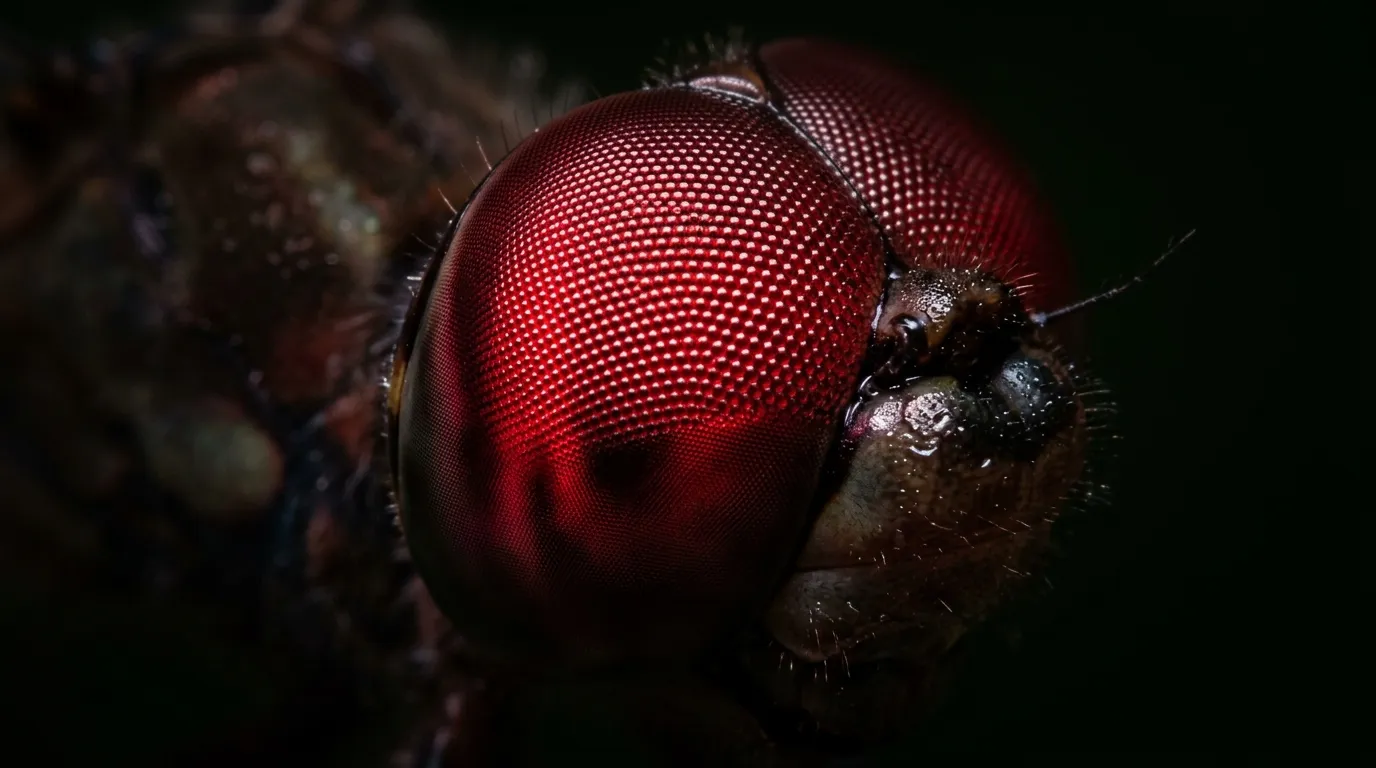Macro close-up of a dragonfly compound eye reflecting deep red light against a dark background