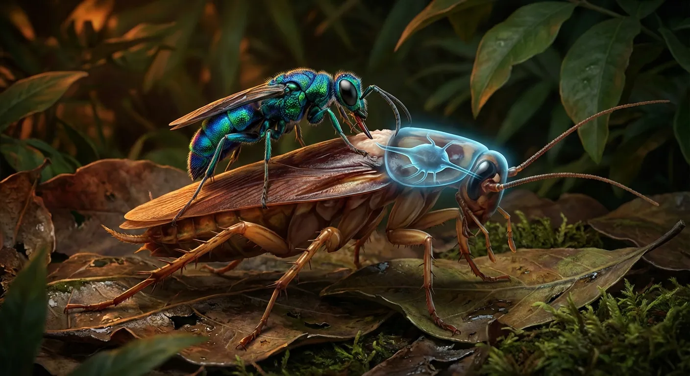 Emerald jewel wasp stinging a cockroach precisely in the brain while the cockroach stands motionless