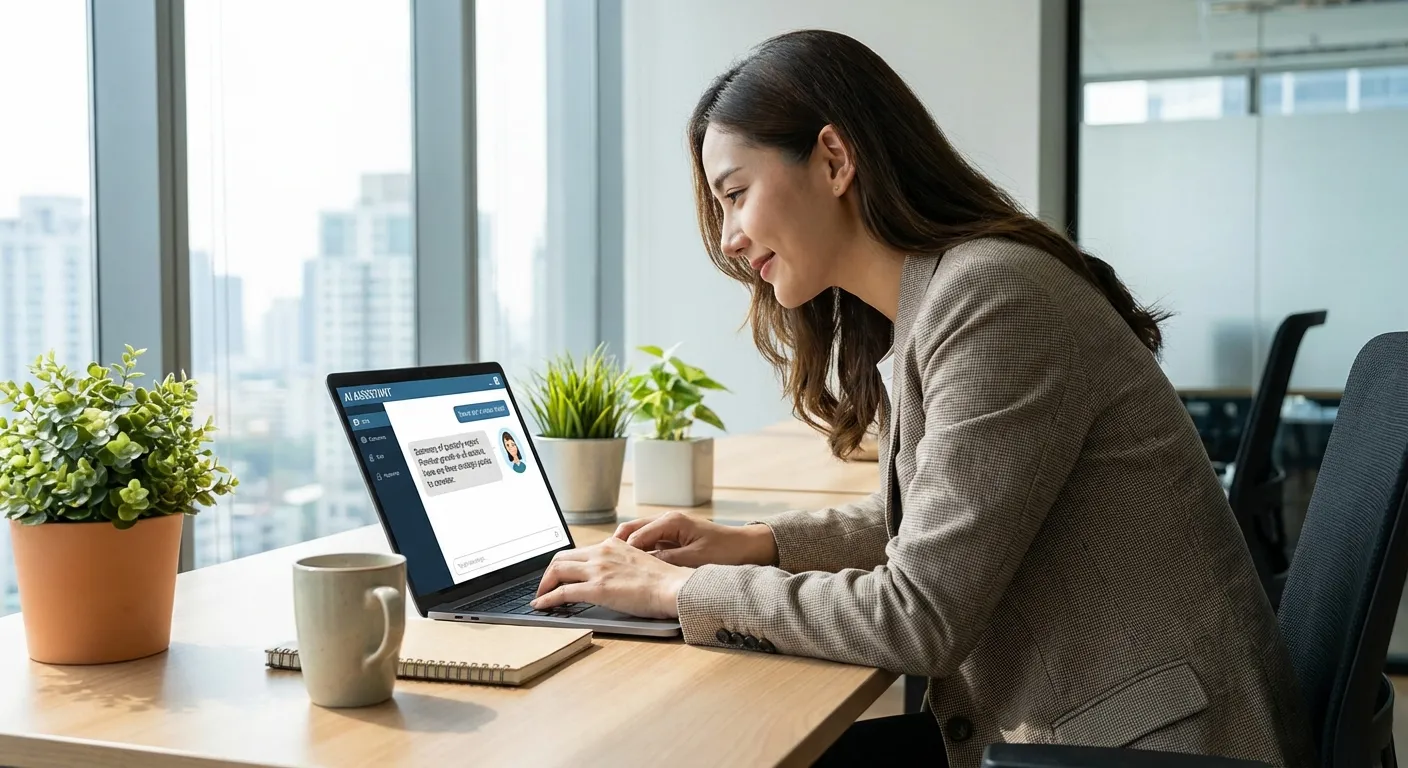 Person using AI assistant on laptop in modern office