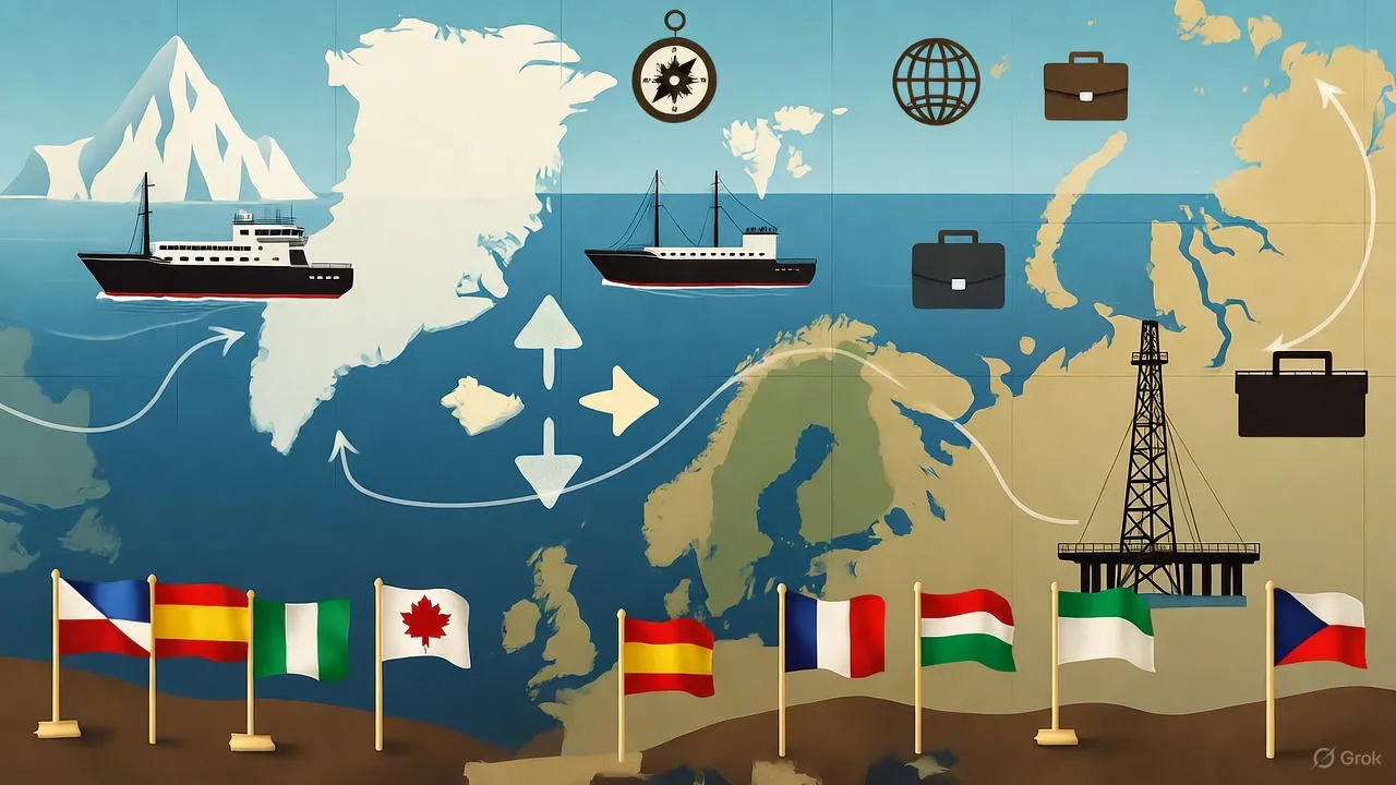 Commercial shipping vessels navigating ice-free Northwest Passage with icebergs in background