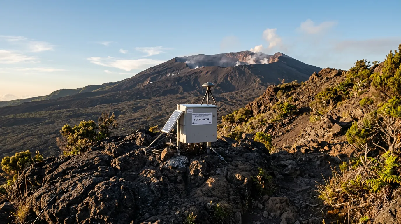 Broadband seismometer station on volcanic terrain with Piton de la Fournaise in the background