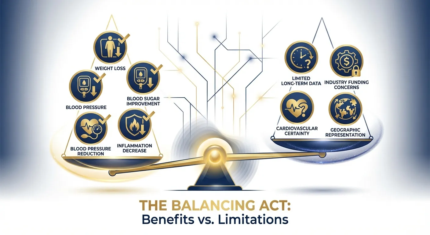 Conceptual illustration showing balance scale weighing GLP-1 drug benefits against limitations and unknowns