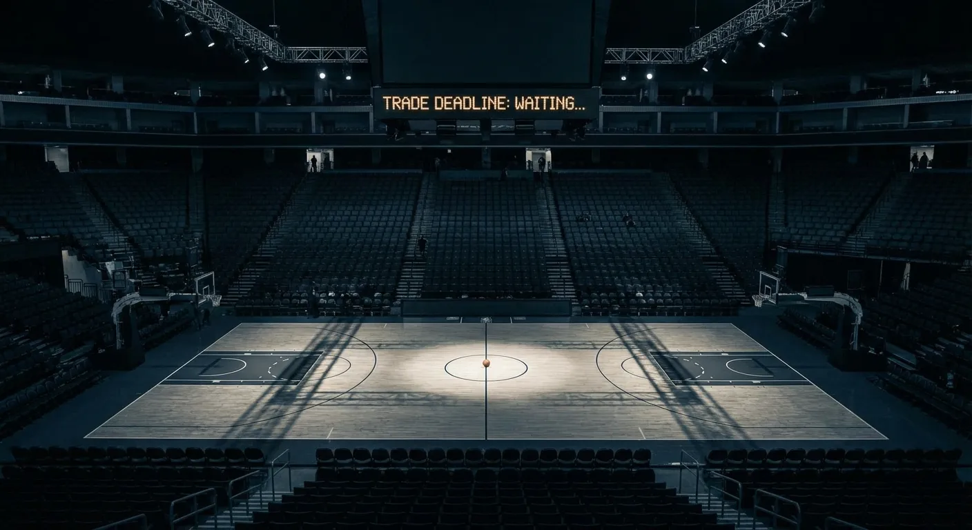 NBA basketball court with empty arena representing trade deadline uncertainty