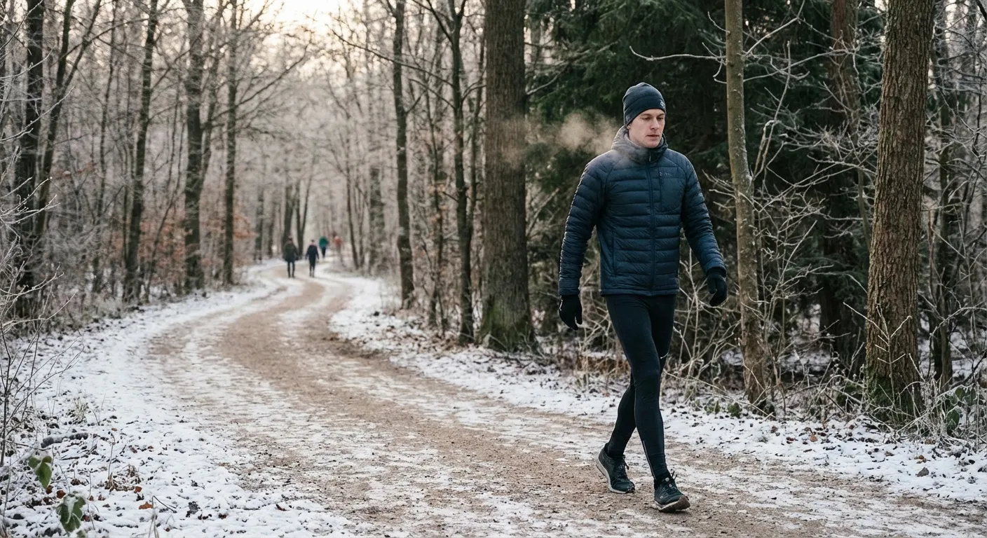 Person performing moderate intensity walking outdoors in winter setting