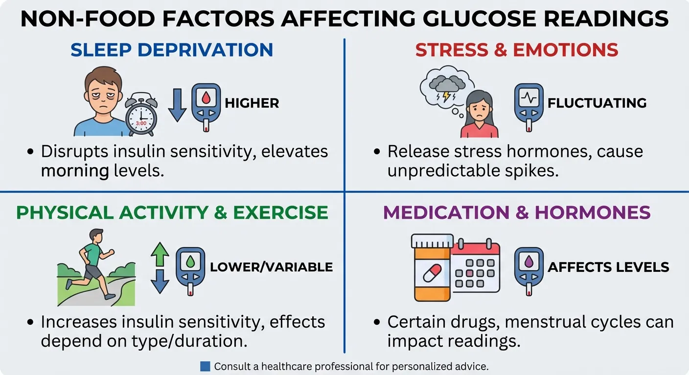 Infographic showing factors beyond food that affect CGM readings including sleep, stress, exercise, and circadian rhythm