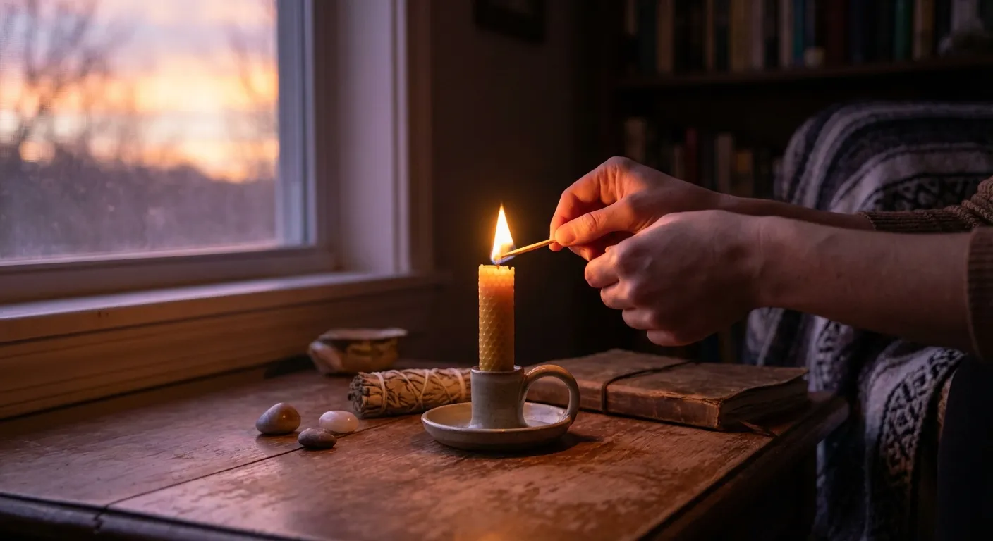 A ritual candle being lit at sunset representing intentional transition