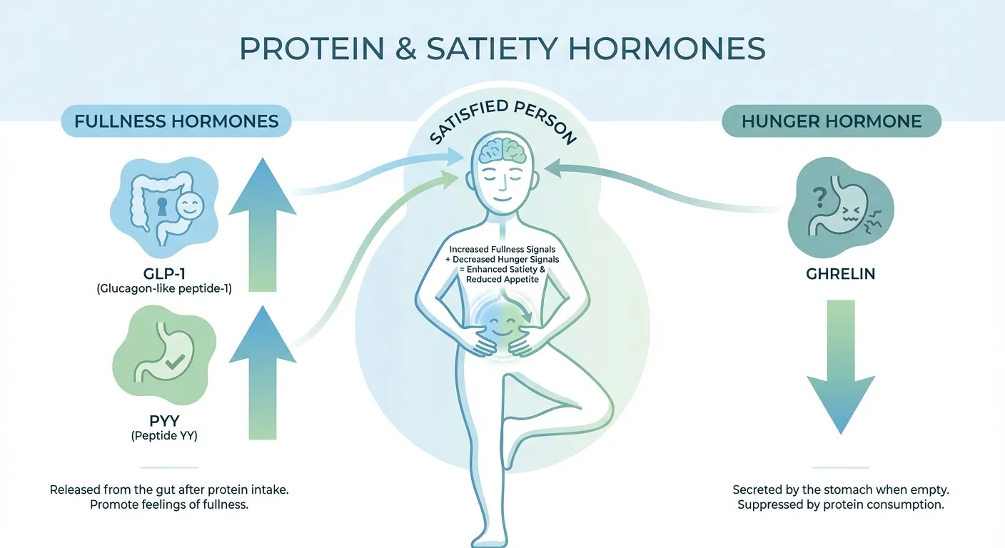 Infographic showing protein's effects on hunger hormones GLP-1 and ghrelin