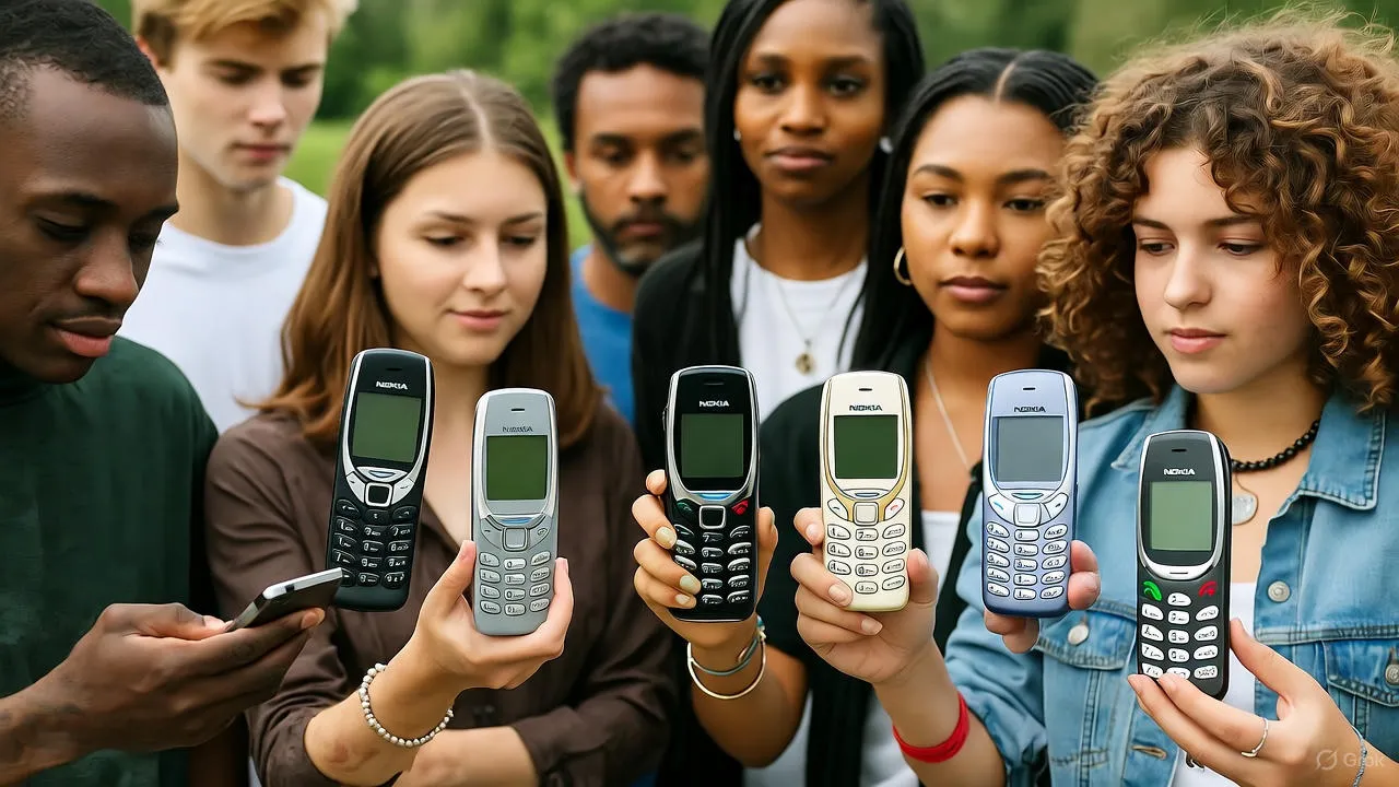 Close-up of classic Nokia 3310 phone next to modern smartphone on wooden desk