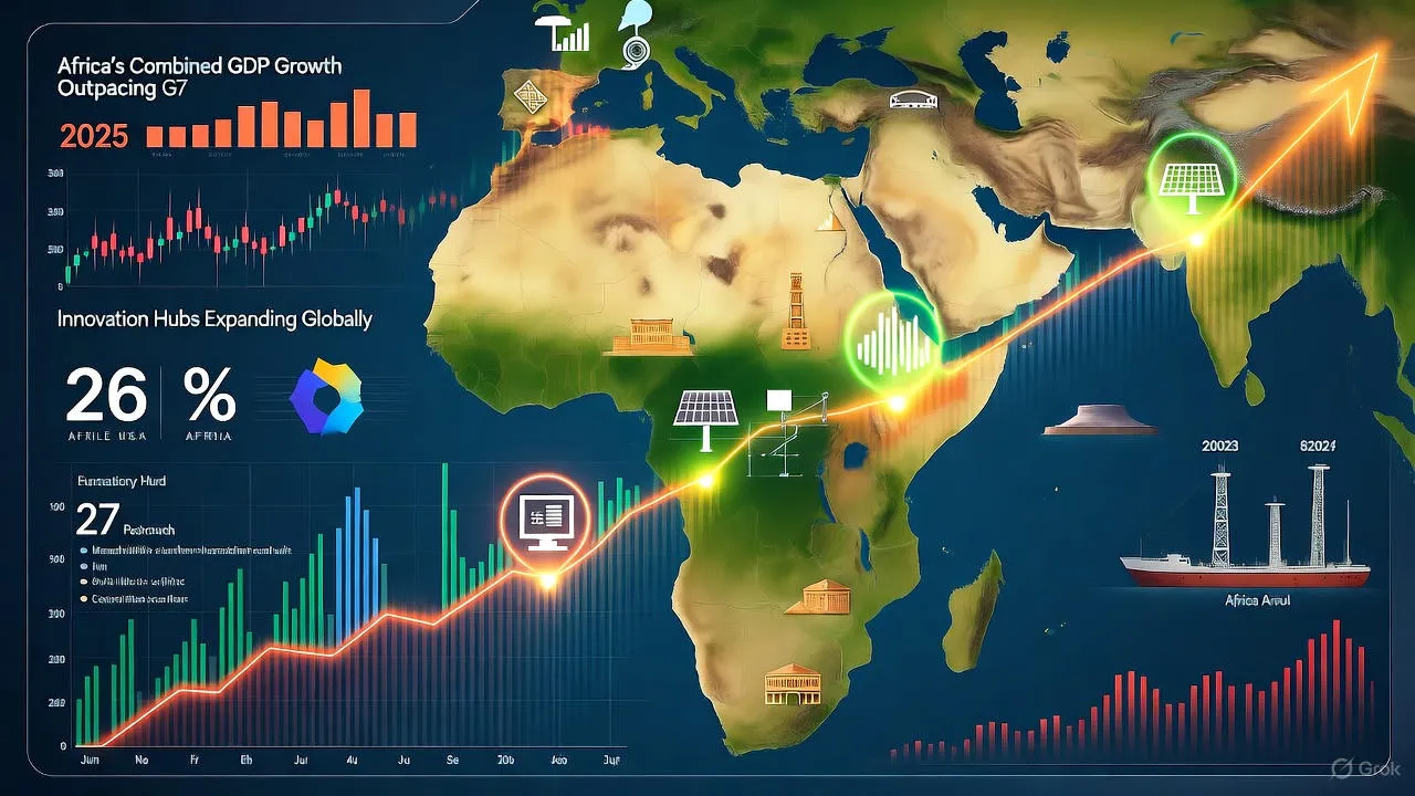 Modern African city skyline with solar panels and tech infrastructure at sunset