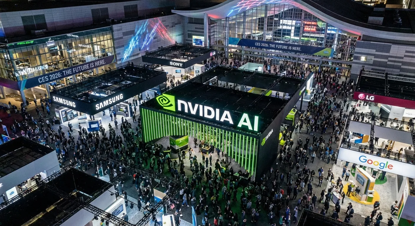 Aerial view of the Las Vegas Convention Center during CES 2026 with crowds and exhibitor booths