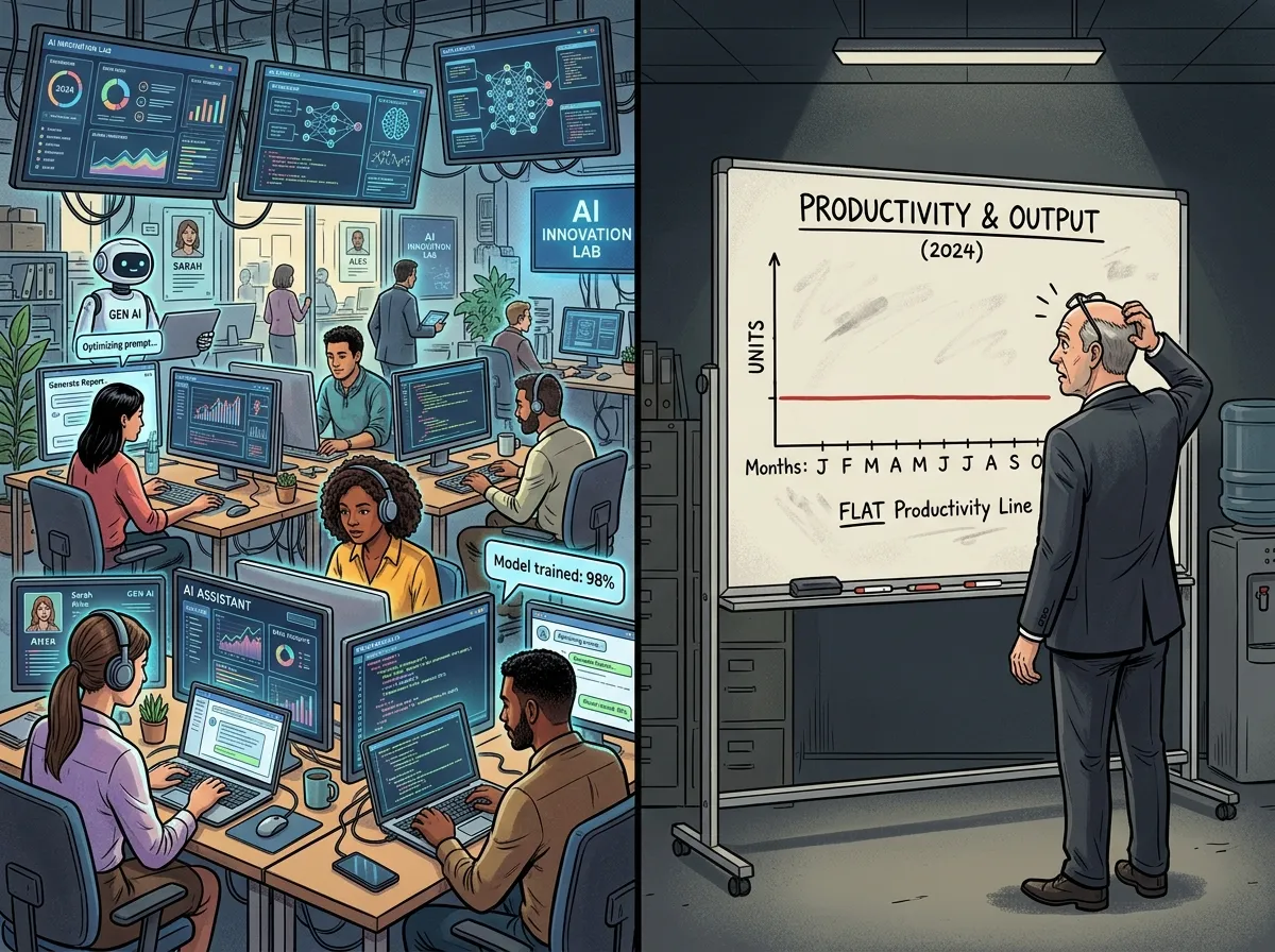 Split illustration showing AI tools on one side and flat productivity charts on the other