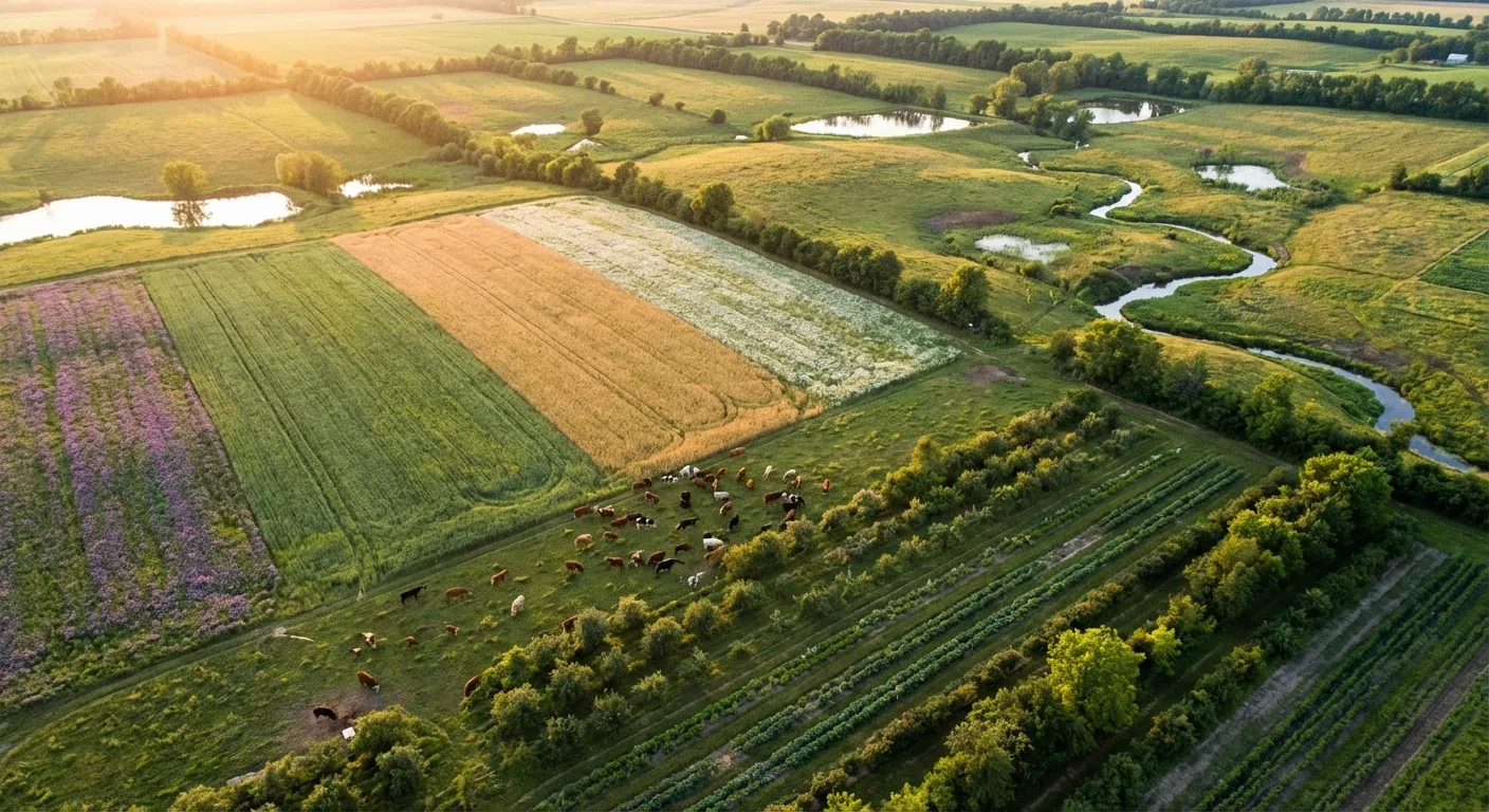 Diverse regenerative farm landscape showing cover crops, livestock integration, and crop diversity