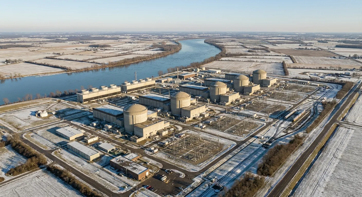 Aerial view of a large nuclear power plant complex next to a river