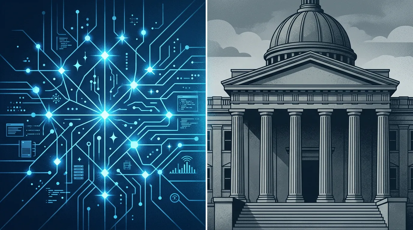 Abstract split image showing AI circuit patterns divided by a legal gavel