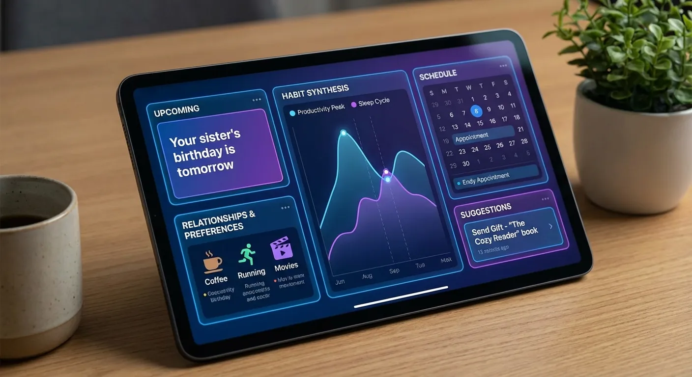 AI interface showing personalized daily briefing with calendar, tasks, and suggestions
