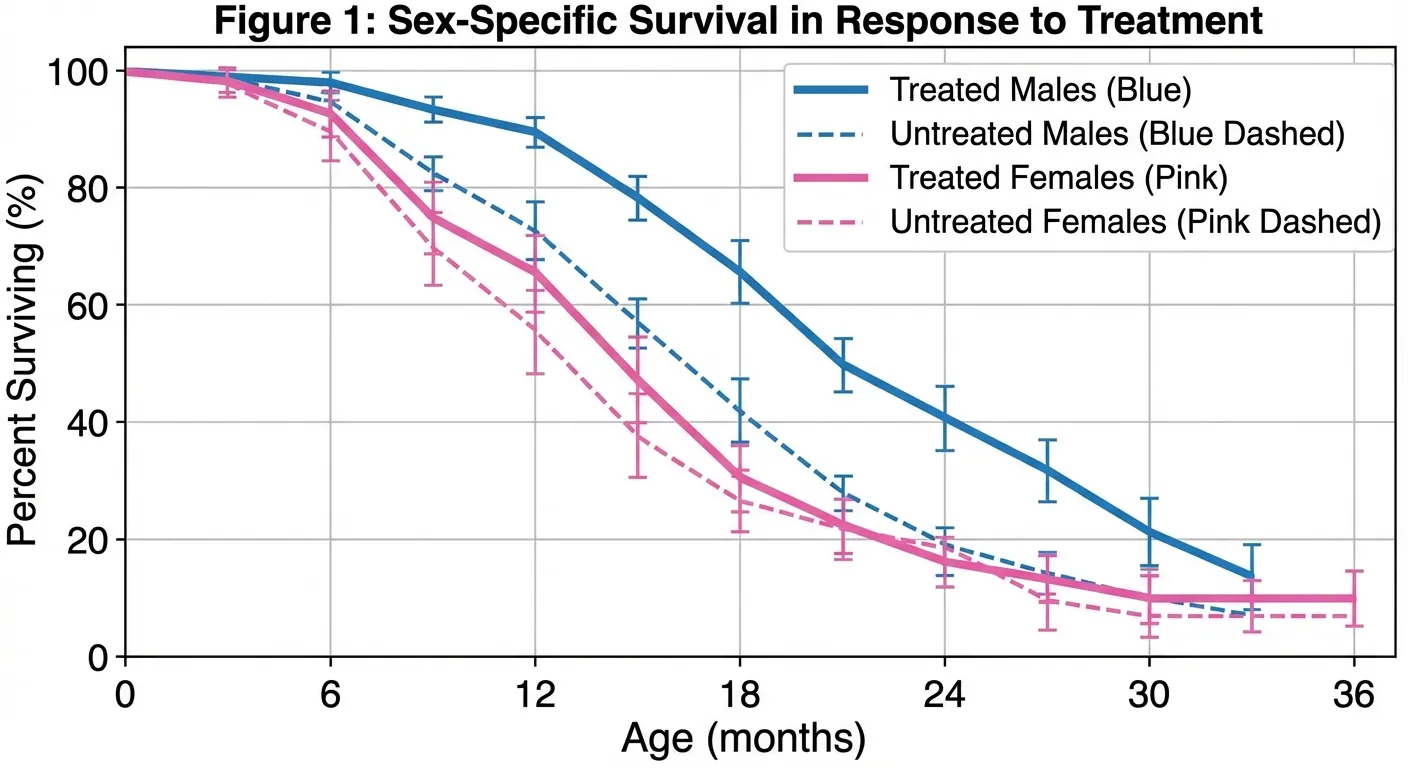 Graph showing survival curves for treated versus untreated male and female mice